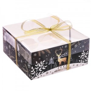 Коробка на 4 капкейка с прозрачной крышкой "Новогодние мотивы"