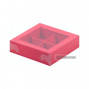 Коробка КРАСНАЯ на 4 конфеты с прозрачной крышкой