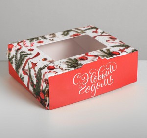 Коробка 10*8*3,5 см новогодний красно-белый принт с окном