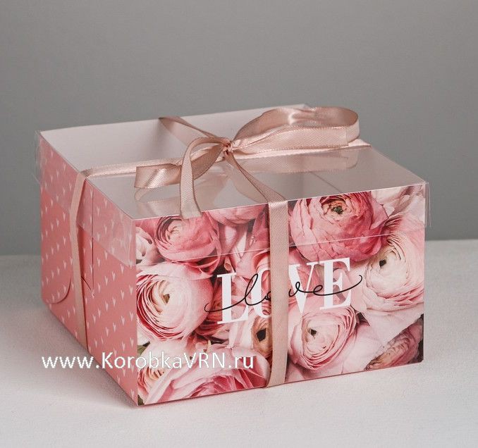 Коробка "LOVE с цветами" на 4 капкейка