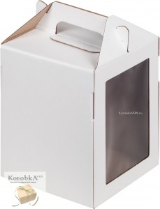 Коробка белая МГК 16*16*20 см с окном и ручками (под торт пряничный домик)