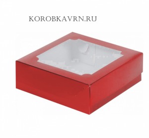 Коробка с окном 20*20*7 см Красный Металлик для зефира и сладостей