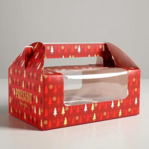 Коробка-сундук "Новогодние Елки" с окном на 6 капкейков