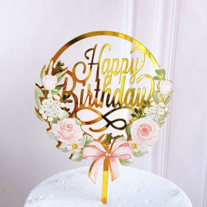 Топер для торта с цветами и бантом "Happy birthday"
