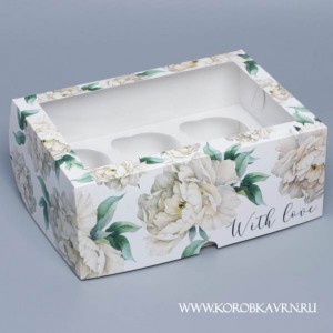 Коробка на 6 капкейков с окном "Розы бело-бежево-зеленые тона"