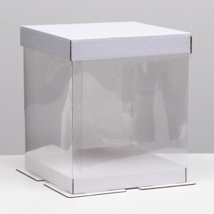 Премиум-коробка БЕЛАЯ с прозрачными стенками для торта (основание 26*26 см, высота 28 см)