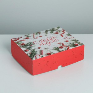 Коробка 20*17*6 см "Новогодний подарок" (бело-красный тон с карамельками)