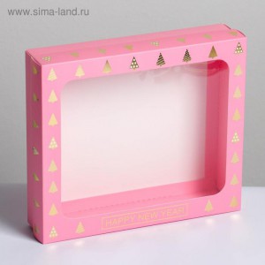 Коробка ПРЕМИУМ Розовая с золотыми елками с окном 23,5х20,5х5,5 см с окном