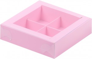 Коробка РОЗОВАЯ на 4 конфеты с прозрачной крышкой