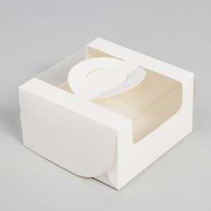 Коробка картонная белая для бенто-торта 14*14*8 см С РУЧКАМИ