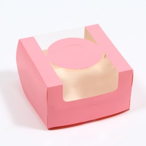 Коробка под бенто-торт с окном, розовый, 14*14*8 см с ручками
